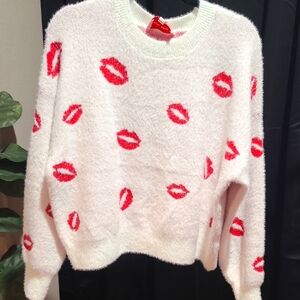 Cozy White Sweater with Red Lip Print